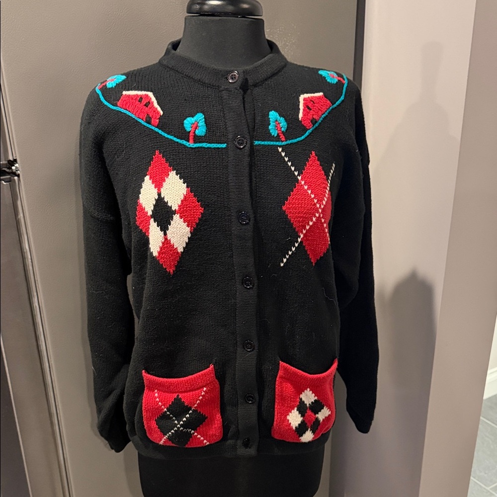 Vintage Koret Black and Red Argyle Cardigan